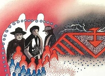 A painting depicting a group of Anishinaabe signatories of Treaty #3 next to a red thunderbird against a background of red and grey. Below the signatories are outlines of smaller people in red and blue.