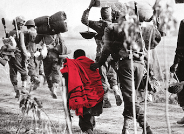 Image of a boy wrapped in red blanket walking along with soldiers, from the cover of the book 1971: A People&amp;#039;s History from 1971: A Peoples History from Bangledesh, Pakistan and India